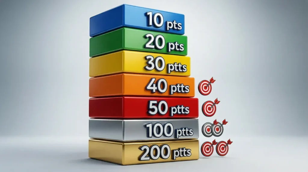 Color-coded block types showing point values from blue 10 points to gold 200 points