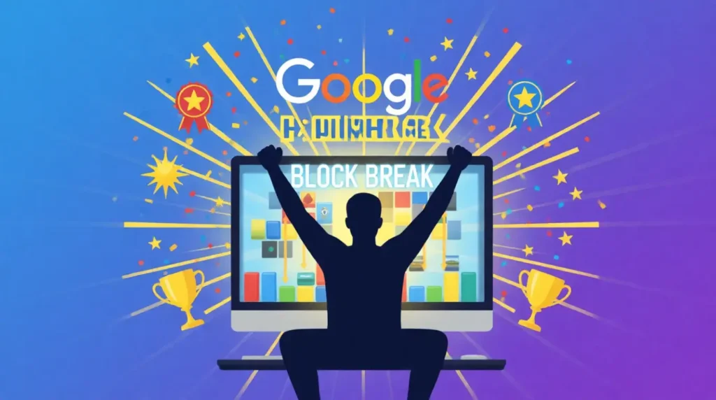 Excited gamer playing Google block breaker achieving high score with celebration elements
