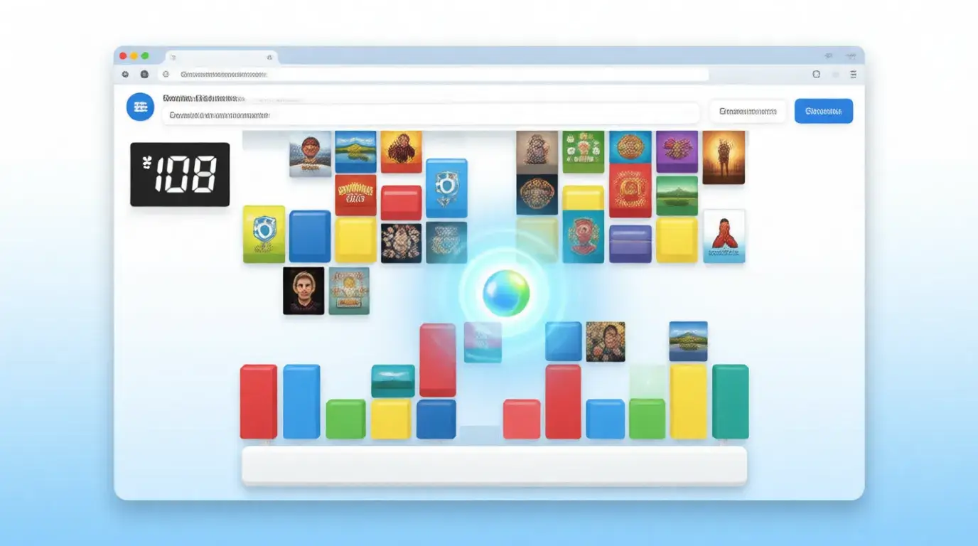 Google block breaker game showing colorful image blocks and paddle gameplay in browser window