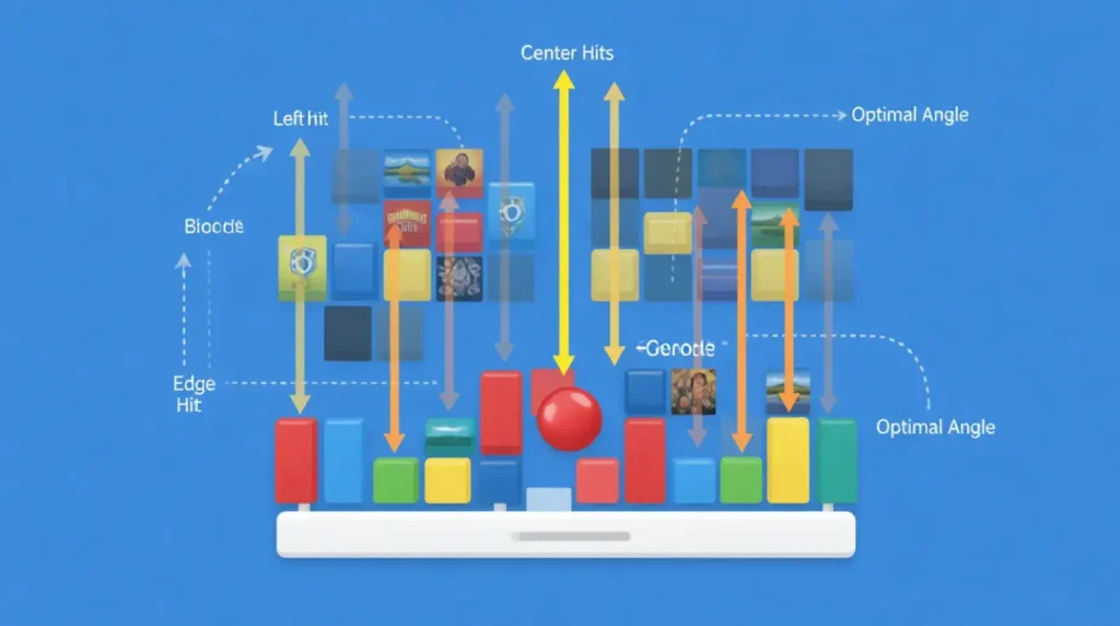 Google block breaker gameplay strategy diagram showing paddle angles and ball trajectory paths