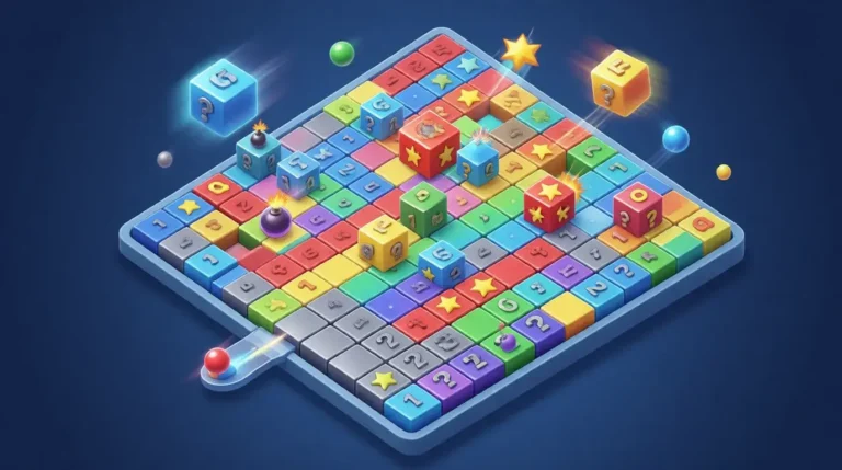 Google Block Breaker blocks gameplay showing various block types and symbols on colorful game board