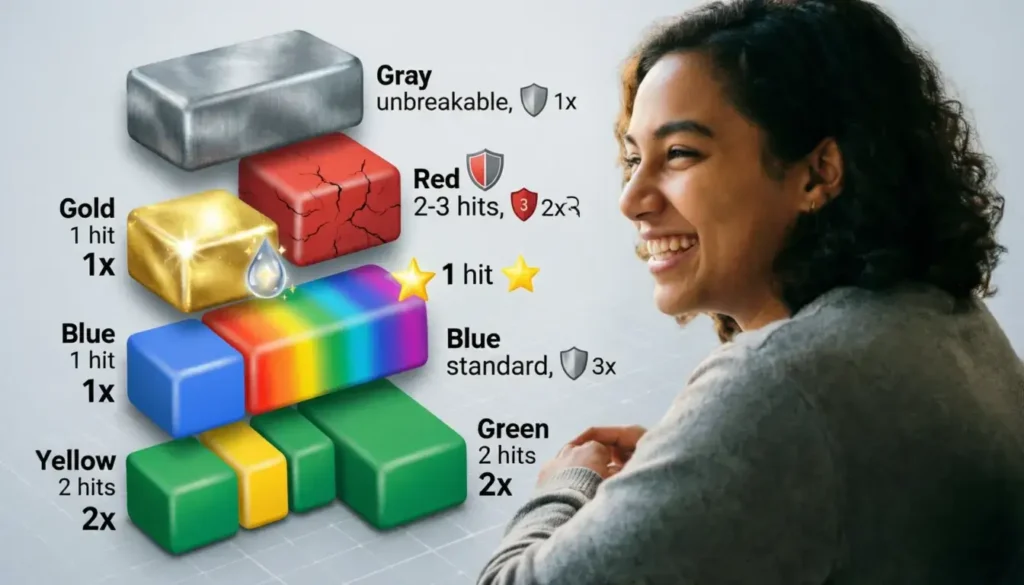 Google Block Breaker color-coded blocks chart showing durability levels and special properties