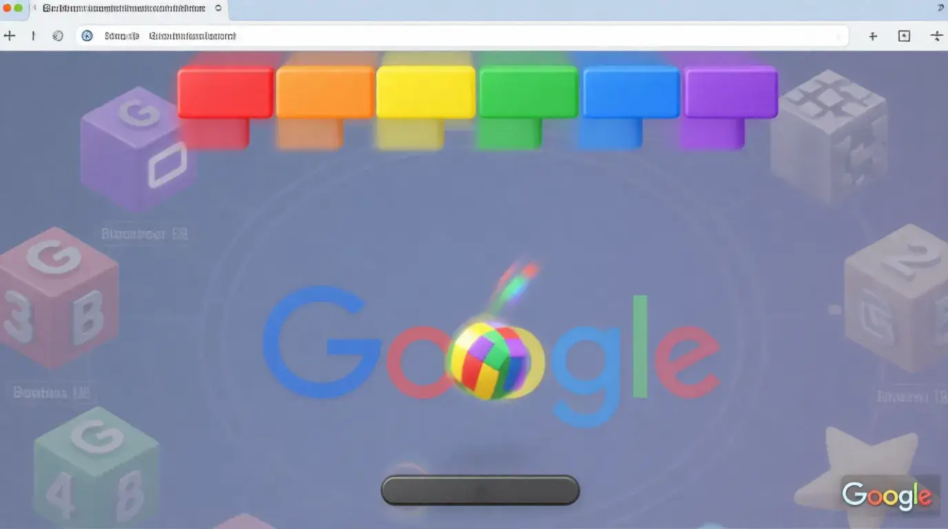 Google block breaker doodle game showing colorful blocks and paddle on computer screen