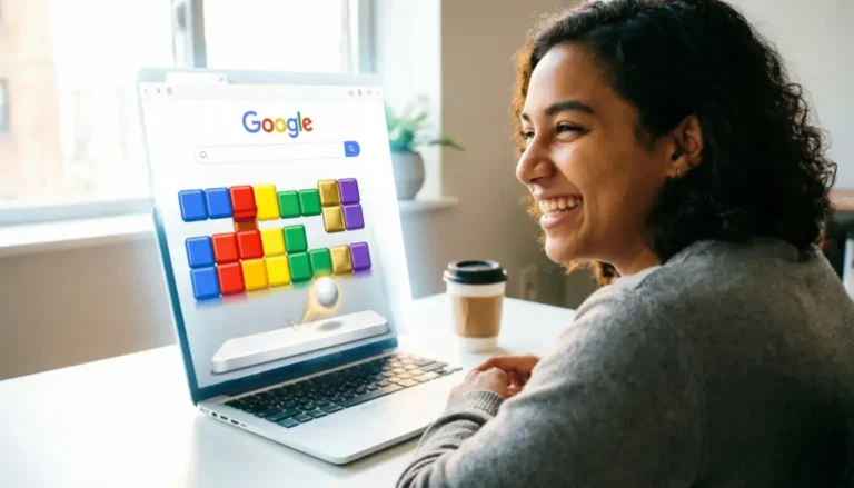 Google Block Breaker game interface with colorful blocks and paddle on search results page