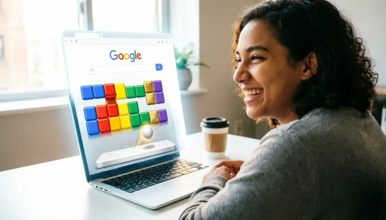 Google Block Breaker game interface with colorful blocks and paddle on search results page