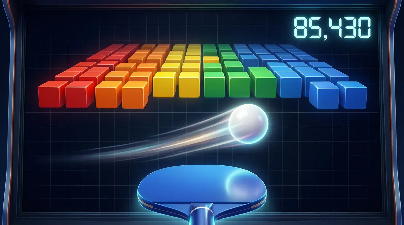 Google Block Breaker high score gameplay showing paddle, ball, and colorful bricks with score counter