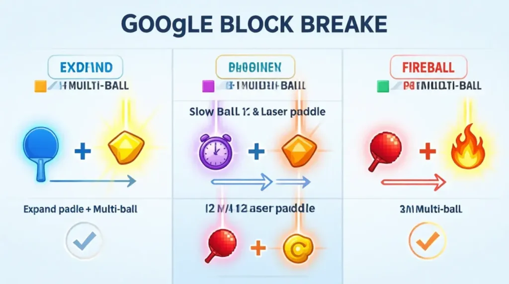 Google Block Breaker power up combination chart showing effective pairing strategies