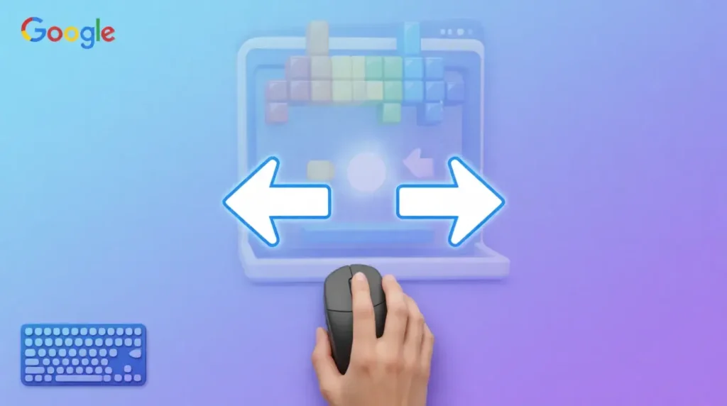 Hand controlling computer mouse to play Google block breaker with movement arrows