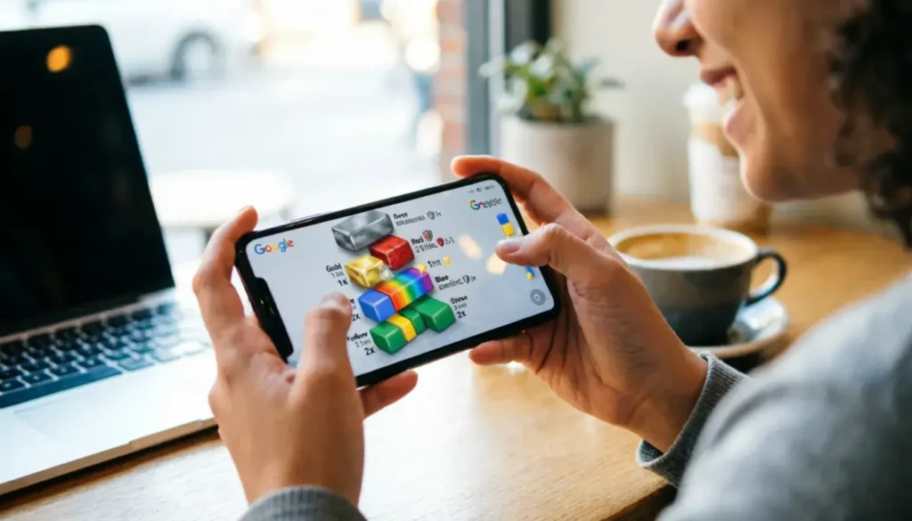 Person playing Google Block Breaker game on smartphone with colorful screen visible