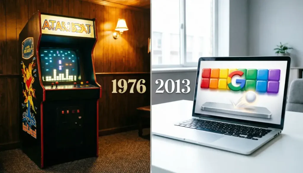 Side-by-side comparison of 1976 Atari Breakout arcade game versus 2013 Google Block Breaker version