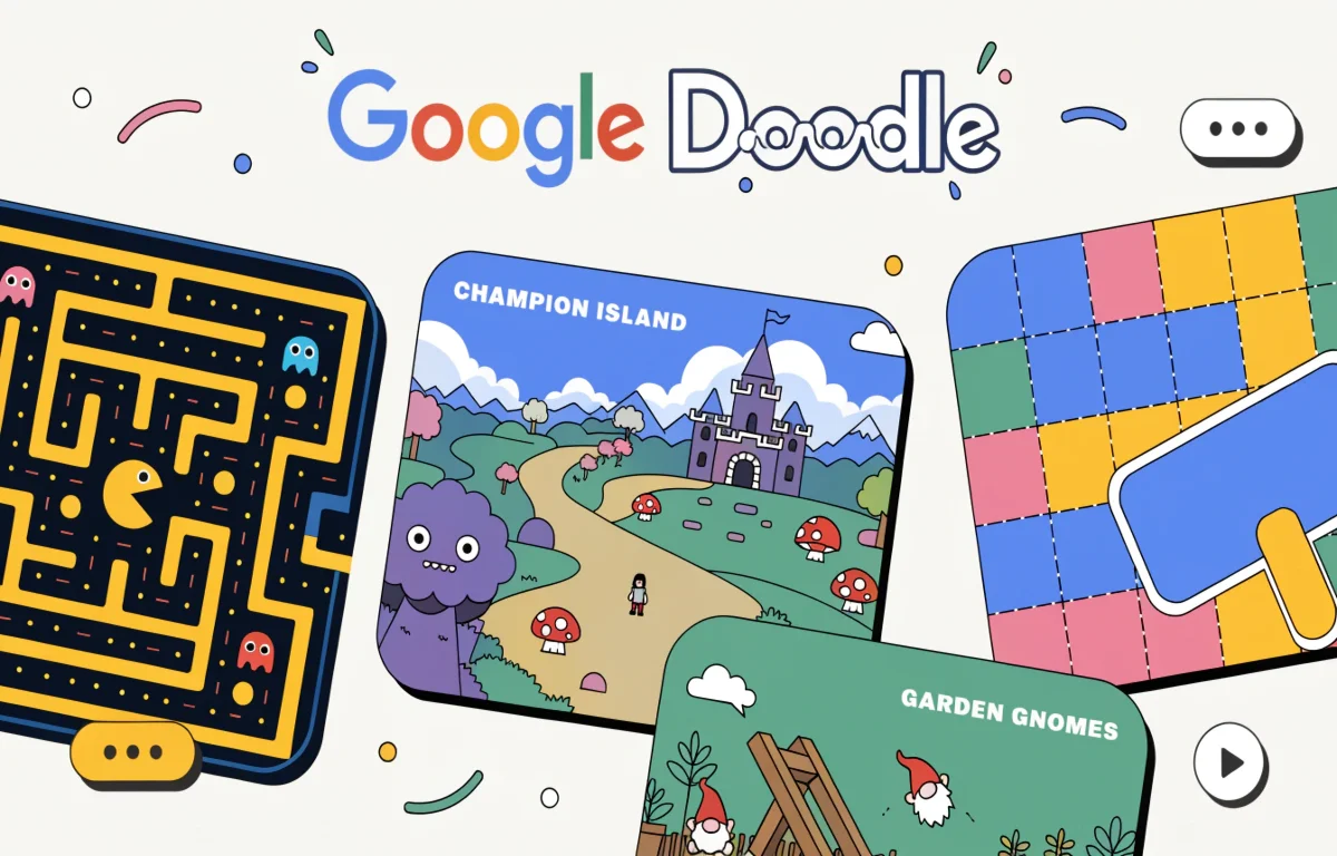 Google Doodle games collection showing Pac-Man Champion Island Block Breaker and Snake playable in browser