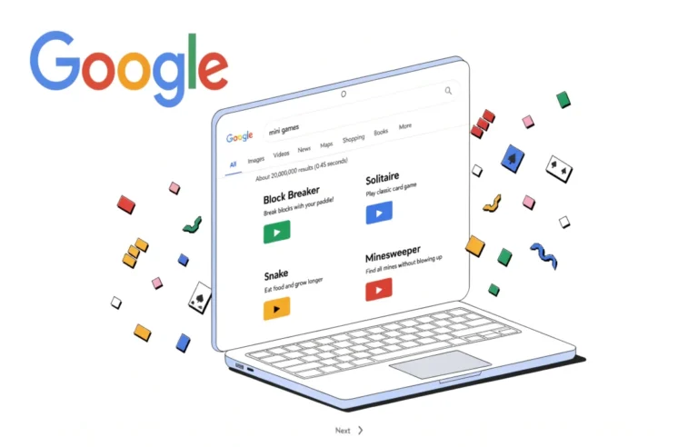 Google games collection showing Block Breaker, Solitaire, Snake and Minesweeper on a browser screen