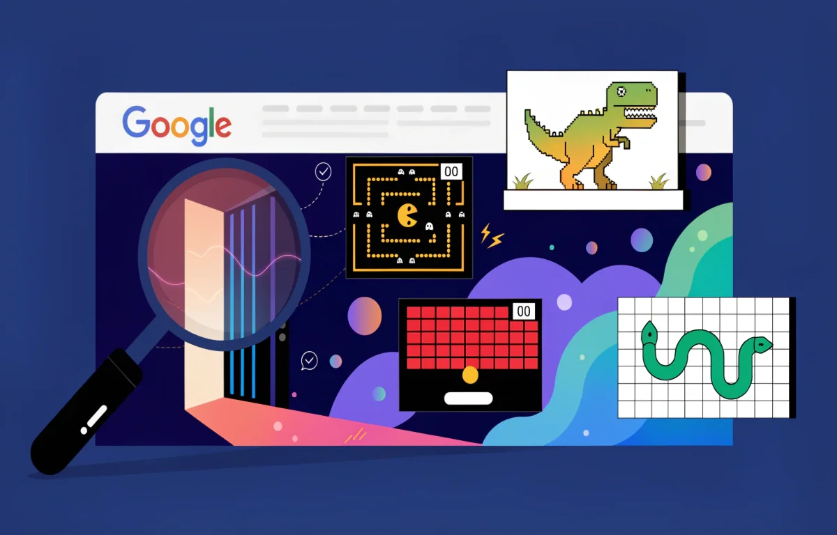 Google hidden games collection showing secret Easter eggs in Search Chrome Maps and Google Earth browser