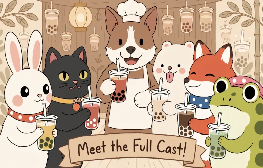 Boba Tea Game character illustration showing Formosan Mountain Dog chef and five customer characters from Google Doodle crossover