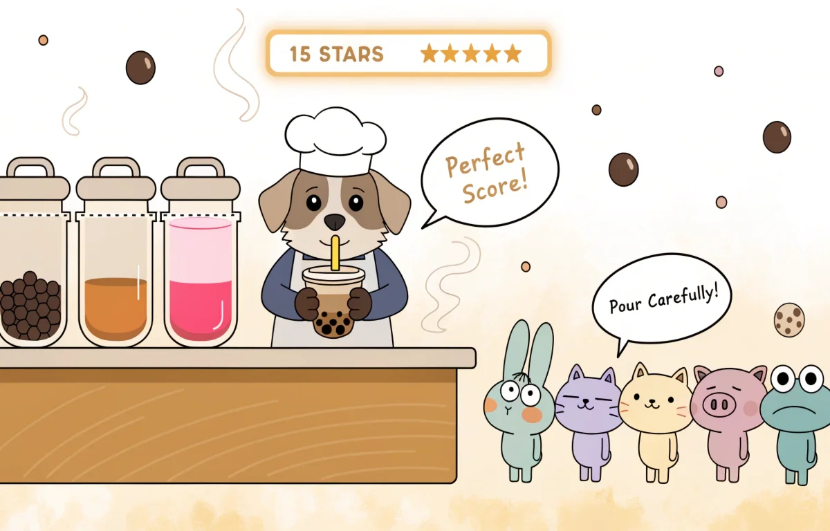 Boba Tea Game guide showing cartoon Formosan Mountain Dog chef serving bubble tea with colorful boba cups and 15 star perfect score display