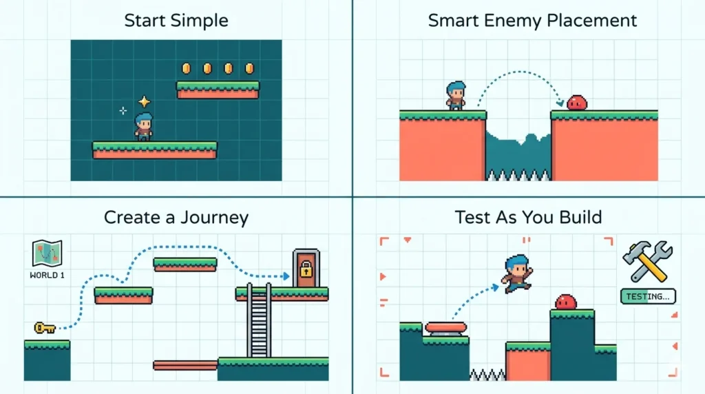 Four tips for building a great Jerry Lawson Doodle game level showing platform placement enemy positioning key and door setup