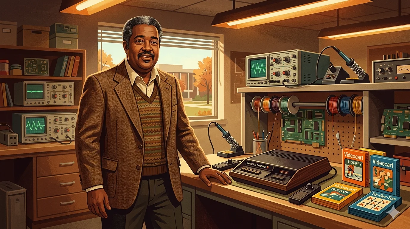 Jerry Lawson African American engineer who invented the video game cartridge standing with Fairchild Channel F console 1976