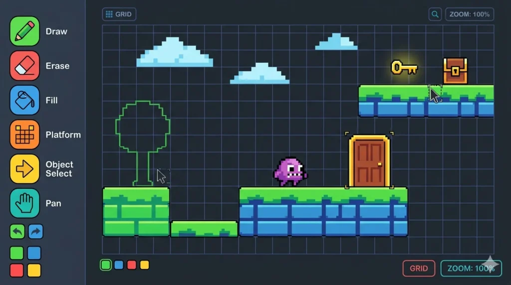 Jerry Lawson Google Doodle game creator mode interface showing platformer level building tools platforms enemies and doors