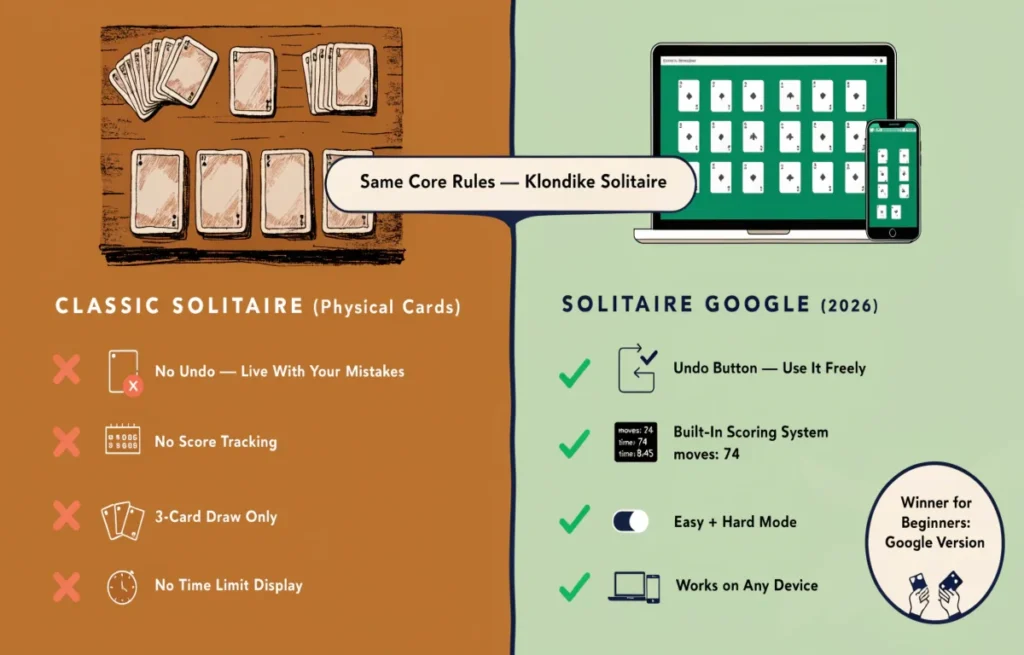 Solitaire Google versus classic Windows Solitaire comparison infographic showing differences in interface scoring undo button and difficulty modes
