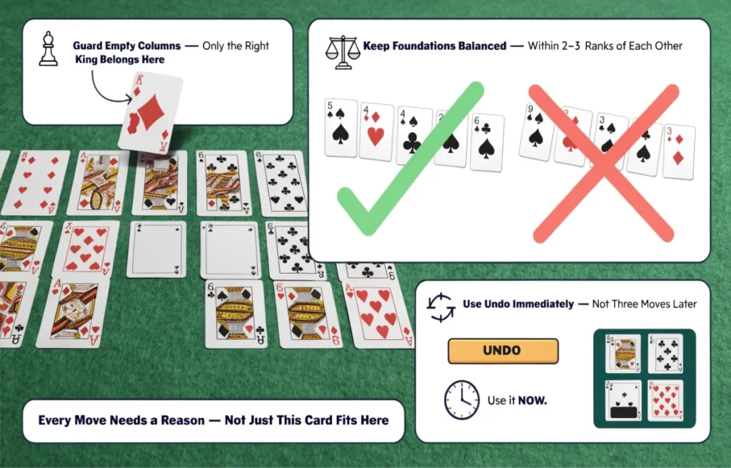 Solitaire winning strategy illustration showing empty column management foundation balance and undo button technique with advanced tip callouts