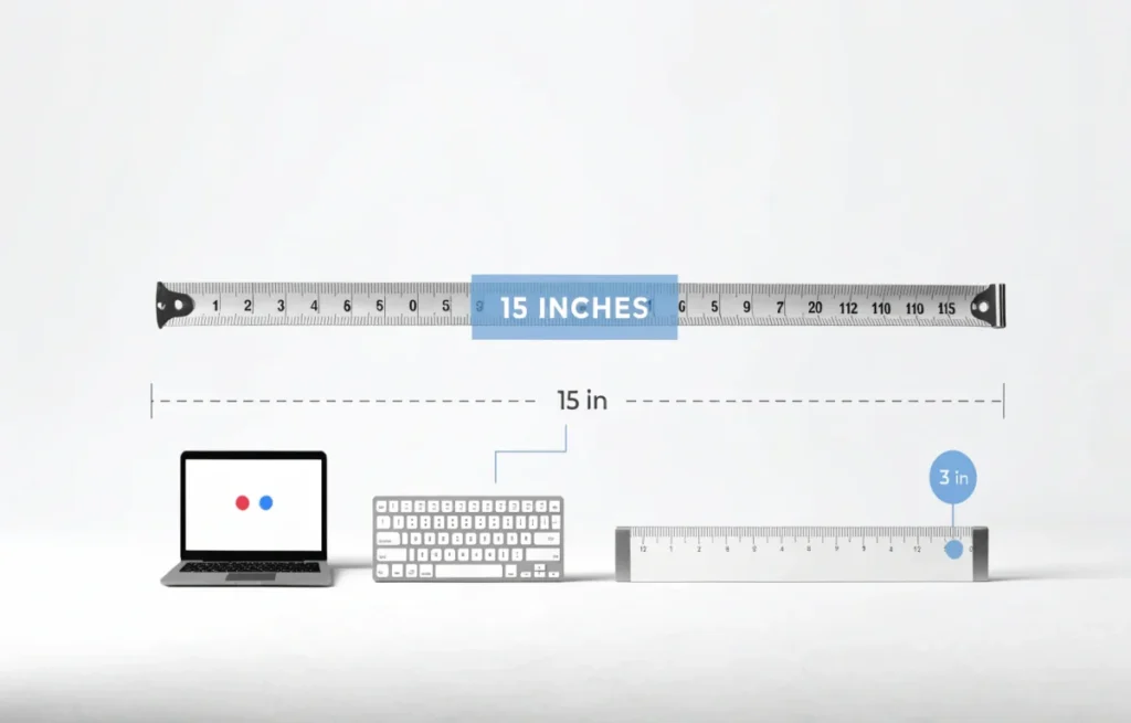 How long is 15 inches shown next to a ruler, laptop and keyboard