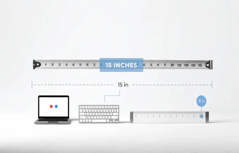 How long is 15 inches shown next to a ruler, laptop and keyboard