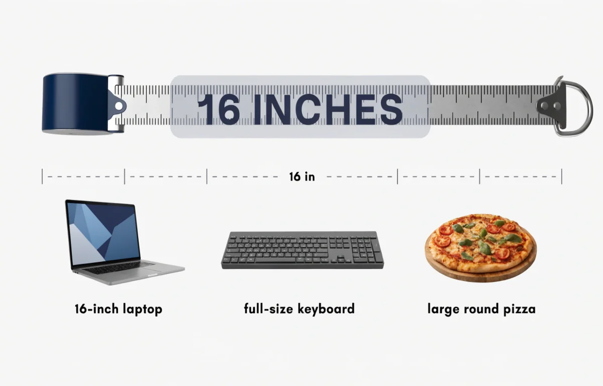 How long is 16 inches shown with laptop keyboard and pizza