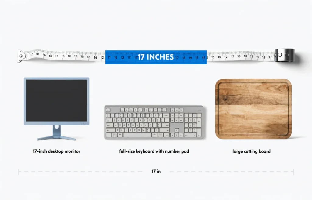 How long is 17 inches shown with monitor keyboard and cutting board