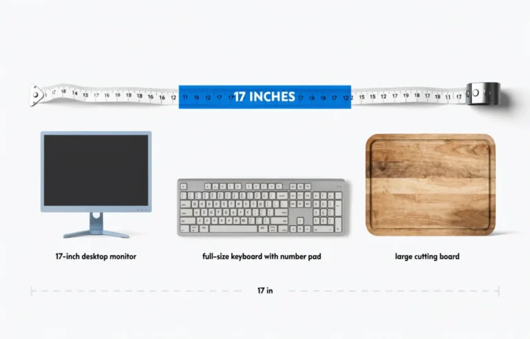 How long is 17 inches shown with monitor keyboard and cutting board