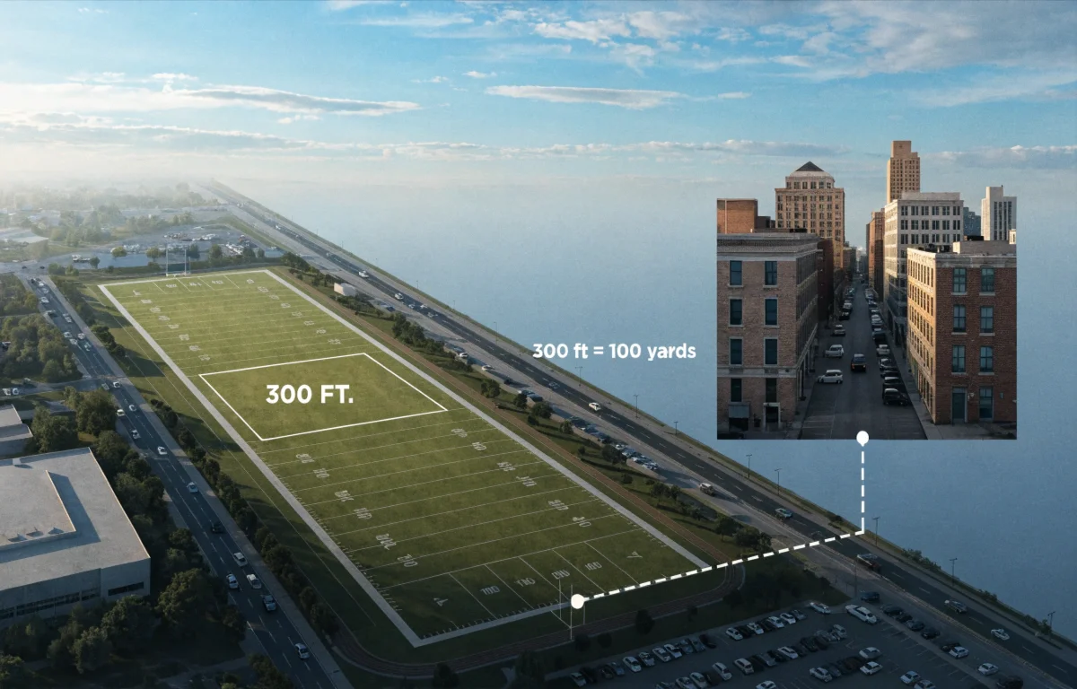 How long is 300 feet shown as a football field and city block