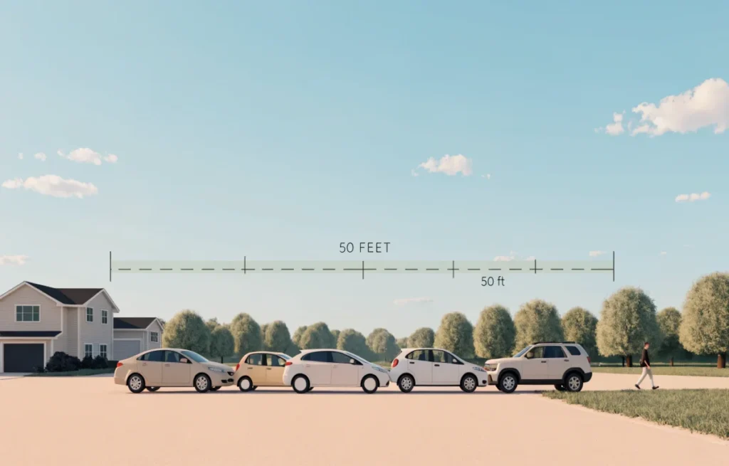 How long is 50 feet visualized next to a house and parked cars