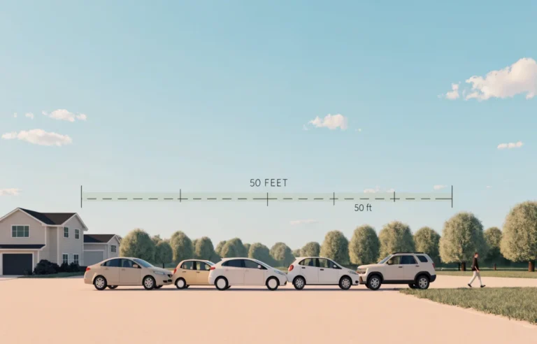 How long is 50 feet visualized next to a house and parked cars